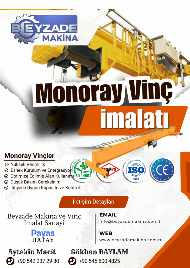 Monoray vinç, monoray sistem, monoray hatlı vinç, tek raylı vinç, askılı monoray vinç, I-profil monoray vinç, kutu profil monoray vinç, eğrisel monoray vinç, düz hatlı monoray vinç, vinç imalatı, hafif hizmet vinci, orta hizmet vinci, çelik konstrüksiyon, monoray kiriş, monoray araba (şaryo), kaldırma ünitesi (ceraskal), elektrikli ceraskal, zincirli ceraskal, halatlı ceraskal, manuel ceraskal, itmeli şaryo, elektrikli şaryo, askı elemanları, bağlantı elemanları, dönüş elemanları (makas), stoplama, vinç motoru, redüktör, fren, elektrik panosu, butonlu kumanda, uzaktan kumanda, enerji besleme sistemi (busbar/kablolu), yük kancası, yük kapasitesi (tonaj), kaldırma yüksekliği, hat uzunluğu, yürüme hızı, kaldırma hızı, FEM standartları, ISO belgeli imalat, vinç tasarımı, mühendislik, montaj kolaylığı, dar alan çözümleri, seri üretim hatları, montaj hatları, atölye içi taşıma, fabrika içi lojistik, malzeme taşıma, yük elleçleme, monoray vinç montajı, monoray vinç kurulumu, monoray vinç bakımı, monoray vinç yedek parça, Beyzade Makina monoray vinç.