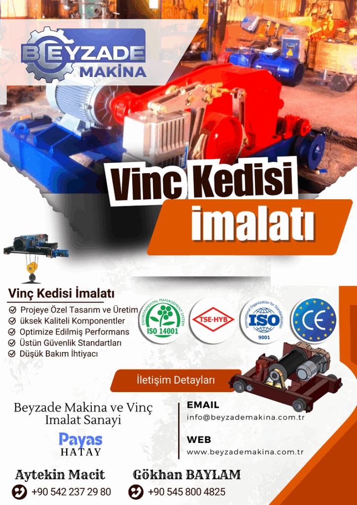 Vinç kedisi, vinç arabası, kaldırma arabası, gezer vinç kedisi, portal vinç kedisi, monoray vinç kedisi, çift kiriş vinç kedisi, tek kiriş vinç kedisi, standart tip kedi, alçak tavan tipi kedi, özel imalat kedi, kedi imalatı, çelik konstrüksiyon kedi şasisi, kaynaklı imalat, kedi yürüyüş takımları, kedi tekerlekleri, kedi motoru, kedi redüktörü, kedi freni, kaldırma ünitesi (ceraskal), halatlı ceraskal, zincirli ceraskal, kanca bloğu, halat tamburu, halat kılavuzu, limit siviçleri (yürüyüş ve kaldırma), aşırı yük sensörü, elektrik panosu, invertör (sürücü), kedi enerji beslemesi (kablolu, busbar), tonaj (kaldırma kapasitesi), kaldırma yüksekliği, kedi yürüme hızı, kaldırma hızı, FEM standartları, ISO belgeli imalat, kedi tasarımı, mühendislik, montaj, test işlemleri, kompakt tasarım, ağır hizmet tipi kedi, hafif hizmet tipi kedi, kedi yedek parçaları, vinç bileşenleri imalatı, malzeme elleçleme ekipmanı, Beyzade Makina vinç kedisi.