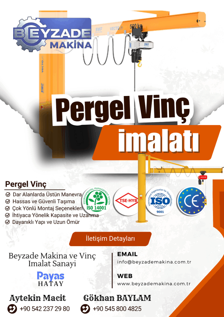 Pergel vinç, pergel vinç imalatı, sütunlu pergel vinç, duvara monte pergel vinç, konsol pergel vinç, bayrak vinç, 360 derece döner pergel vinç, 270 derece döner pergel vinç, 180 derece döner pergel vinç, manuel pergel vinç, elektrikli pergel vinç, zincirli ceraskallı pergel vinç, halatlı ceraskallı pergel vinç, pergel kolu, pergel bomu, pergel vinç sütunu, taban plakası, ankraj cıvataları, dönüş mekanizması, manuel dönüş, motorlu dönüş, rulman yataklama, vinç arabası (kedi), itmeli şaryo, elektrikli şaryo, kaldırma ünitesi (ceraskal), yük kancası, enerji beslemesi, feston sistem, kablolu kumanda, uzaktan kumanda, hafif hizmet pergel vinç, ağır hizmet pergel vinç, atölye vinci, fabrika vinci, montaj hattı vinci, yükleme boşaltma vinci, dar alan çözümü, lokal kaldırma, malzeme elleçleme, iş istasyonu vinci, FEM standartları, ISO belgeli imalat, pergel vinç tasarımı, mühendislik, pergel vinç montajı, pergel vinç bakımı, pergel vinç yedek parça, Beyzade Makina pergel vinç.