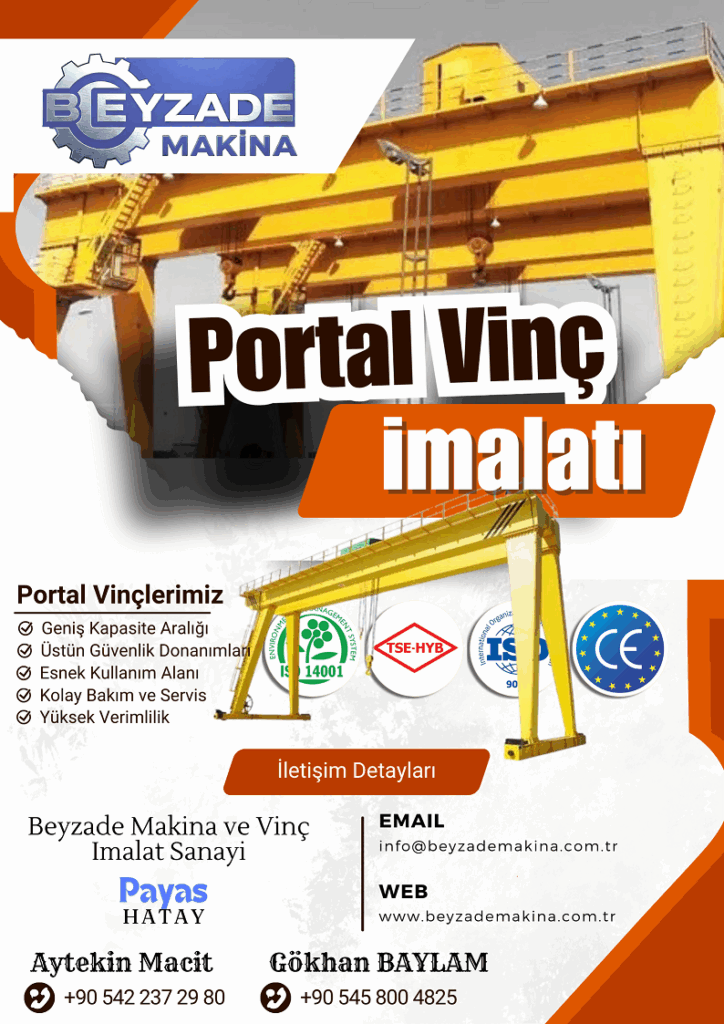 Portal vinç imalatı, gezer köprülü portal vinç, tek kirişli portal vinç, çift kirişli portal vinç, yarı portal vinç, konsollu portal vinç, raylı portal vinç, lastik tekerlekli portal vinç, dış saha vinci, açık alan vinci, liman vinci, mermer vinci, endüstriyel portal vinç, ağır hizmet portal vinci, portal vinç tasarımı, portal vinç projesi, portal vinç çelik konstrüksiyon, portal vinç ayakları, portal vinç köprüsü, portal vinç arabası, kaldırma grubu (ceraskal), portal vinç yürüme yolu, portal vinç rayları, portal vinç montajı, portal vinç elektrifikasyonu, portal vinç otomasyonu, portal vinç kumanda sistemi (kablolu/kablosuz), yük kaldırma, malzeme elleçleme, ağır tonajlı kaldırma, fabrika portal vinci, atölye portal vinci, tersane vinci, stok sahası vinci,
