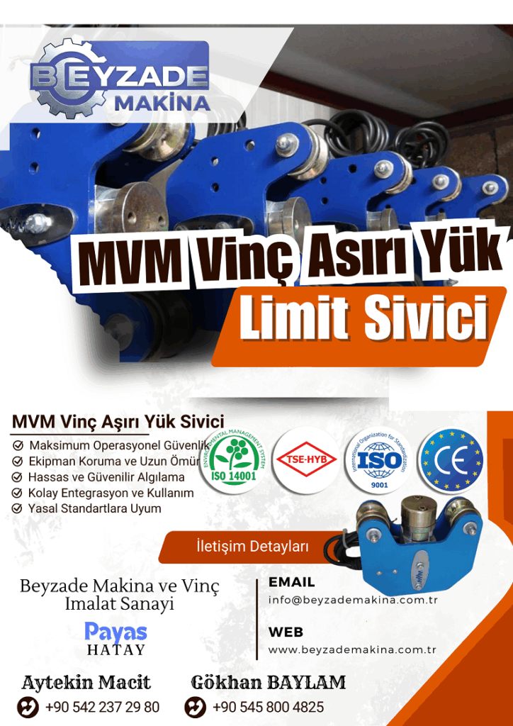 MVM, MVM aşırı yük, MVM limit switch, MVM yük sivici, aşırı yük limit switch, aşırı yük sensörü, yük sınırlayıcı, vinç aşırı yük koruma, vinç güvenlik sistemi, kaldırma ekipmanı güvenliği, aşırı yük önleme, yük izleme sistemi, elektronik limit switch, mekanik limit switch, halatlı tip aşırı yük sivici, dijital göstergeli aşırı yük sivici, analog aşırı yük sivici, aşırı yük rölesi, vinç emniyet siviçleri, CE belgeli limit switch, iş güvenliği ekipmanı, endüstriyel sensörler, ağırlık kontrolü, kapasite kontrolü, vinç otomasyonu, alarm sistemli limit switch, motor kesme özelliği, ayarlanabilir set noktası, hassas ölçüm, dayanıklı yapı, MVM sensör, MVM vinç parçaları, aşırı yük koruma ünitesi, kantar tipi aşırı yük, yük hücresi (load cell) ile entegre, vinç modernizasyonu, endüstriyel otomasyon.