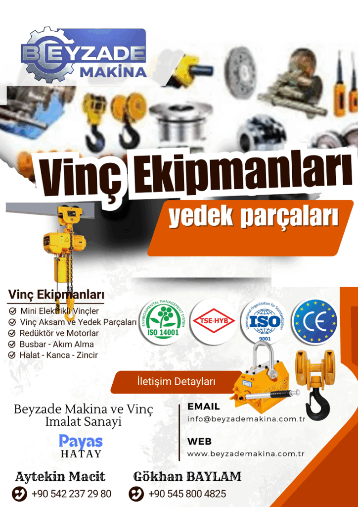 Vinç ekipmanları, kaldırma ekipmanları, vinç parçaları, vinç bileşenleri, vinç aksesuarları, kanca, kanca bloğu, sapan kancası, emniyet mandallı kanca, döner kanca, halat, çelik halat, zincir, yük zinciri, halat tamburu, zincir tamburu, ceraskal, elektrikli ceraskal, zincirli ceraskal, havalı ceraskal, manuel ceraskal, vinç arabası (kedi), yürüyüş takımı, tekerlek, vinç motoru, kaldırma motoru, yürüyüş motoru, redüktör, fren sistemi, elektromanyetik fren, hidrolik fren, disk fren, limit switch (sınır anahtarı), aşırı yük sensörü (limitörü), yük hücresi (load cell), anemometre (rüzgar ölçer), enerji besleme sistemleri, busbar sistemi, kablo tamburu, yaylı kablo tamburu, motorlu kablo tamburu, feston sistem (kablo arabası), kumanda sistemleri, butonlu kumanda, kablolu kumanda, uzaktan kumanda, radyo frekanslı kumanda, joystick kumanda, kabin, operatör kabini, vinç kliması, elektrik panosu, kontaktör, sigorta, sürücü (invertör), PLC (Programlanabilir Mantıksal Denetleyici), direnç, tampon, ray, ray bağlantı elemanları, stoper, manyetik tutucu, travers, C kanca, polip, magnet (mıknatıs), vakumlu kaldırıcı, spreader, denge kirişi, vinç tartı sistemi, aydınlatma, ikaz lambası, siren, kaydırmaz yürüme yolları, bakım platformları, merdivenler, orijinal yedek parça, muadil yedek parça, vinç modernizasyon kitleri, güvenlik ekipmanları.